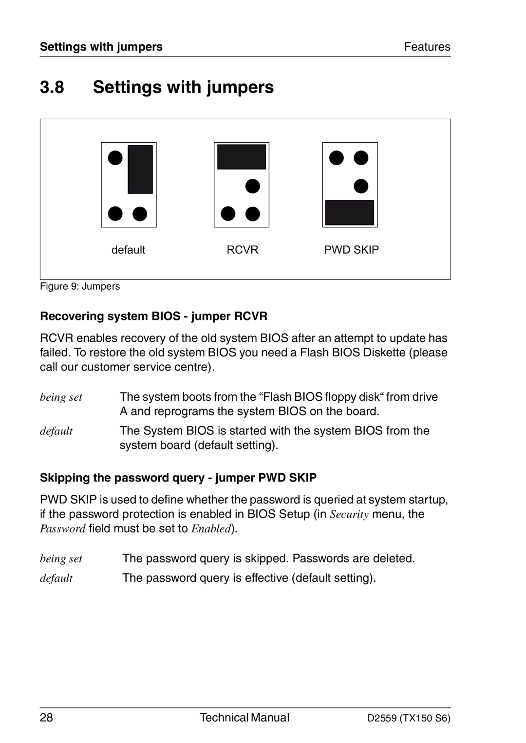 Siemens TX150 S6 Settings with jumpers, Recovering system Bios jumper Rcvr, Skipping the password query jumper PWD Skip 