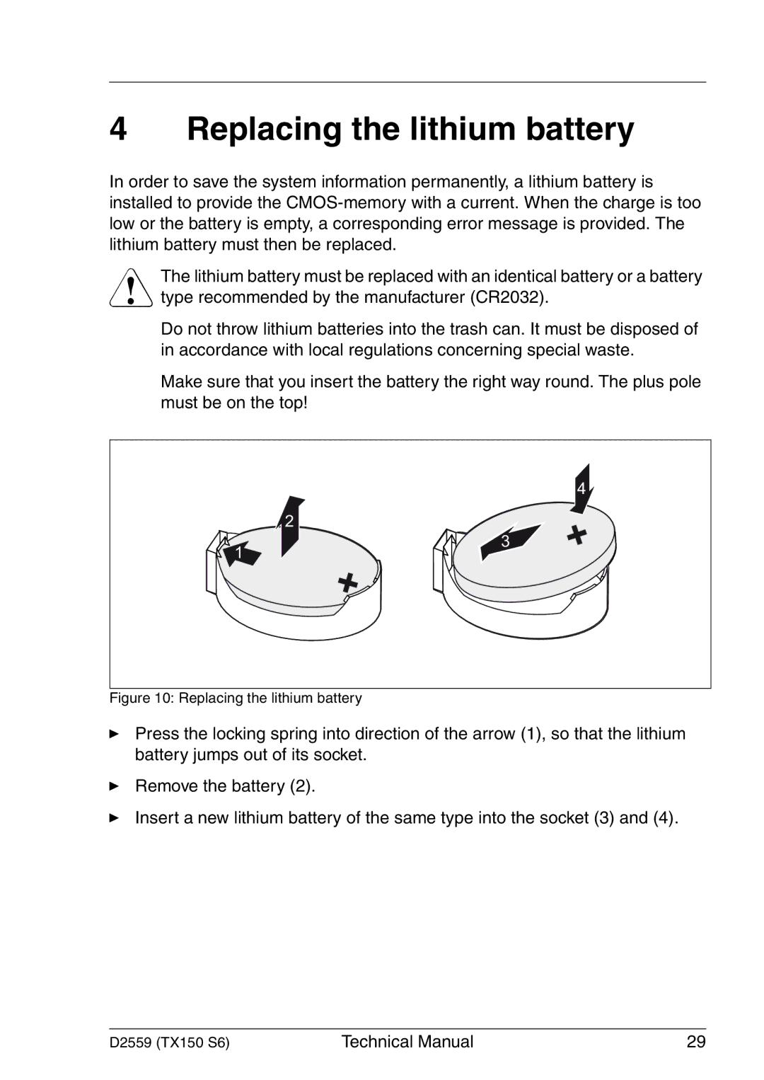 Siemens TX150 S6 technical manual Replacing the lithium battery 