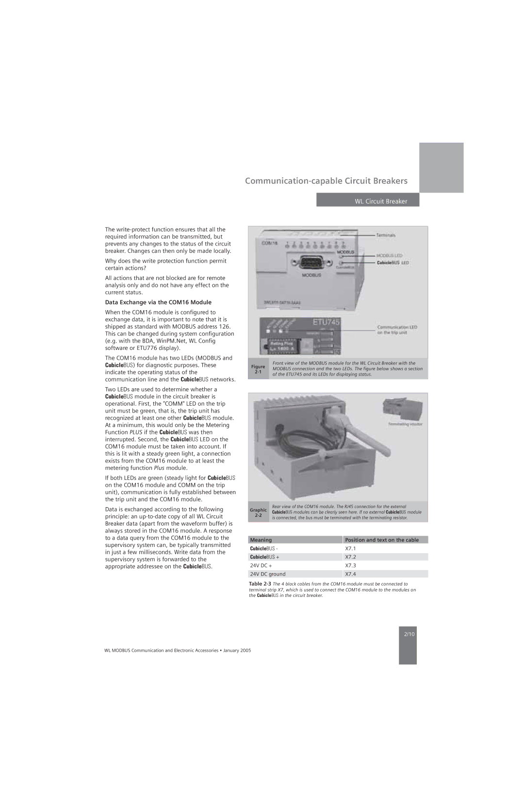 Siemens UL 489, UL1066 Data Exchange via the COM16 Module, Meaning Position and text on the cable CubicleBUS, CubicleBUS + 