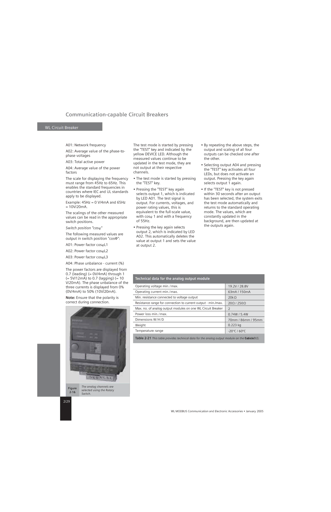 Siemens UL1066, UL 489 specifications Switch position cos, Test function, Technical data for the analog output module 