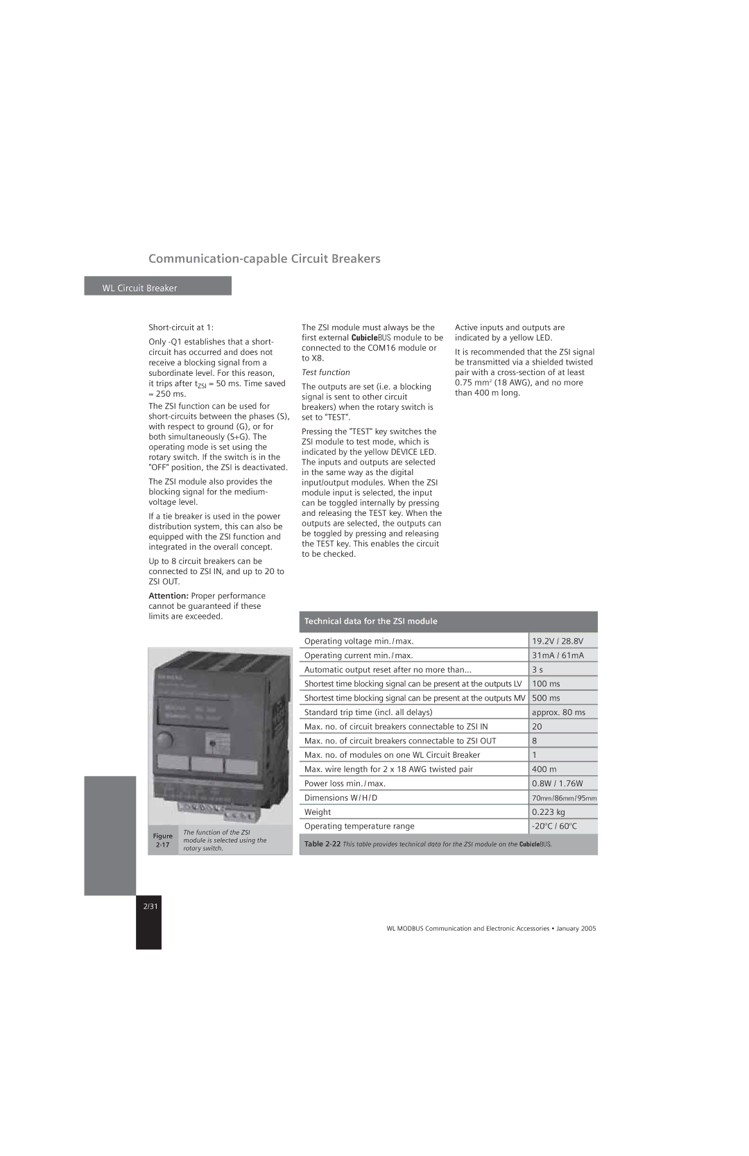 Siemens UL1066, UL 489 specifications It trips after tZSI = 50 ms. Time saved = 250 ms, Technical data for the ZSI module 