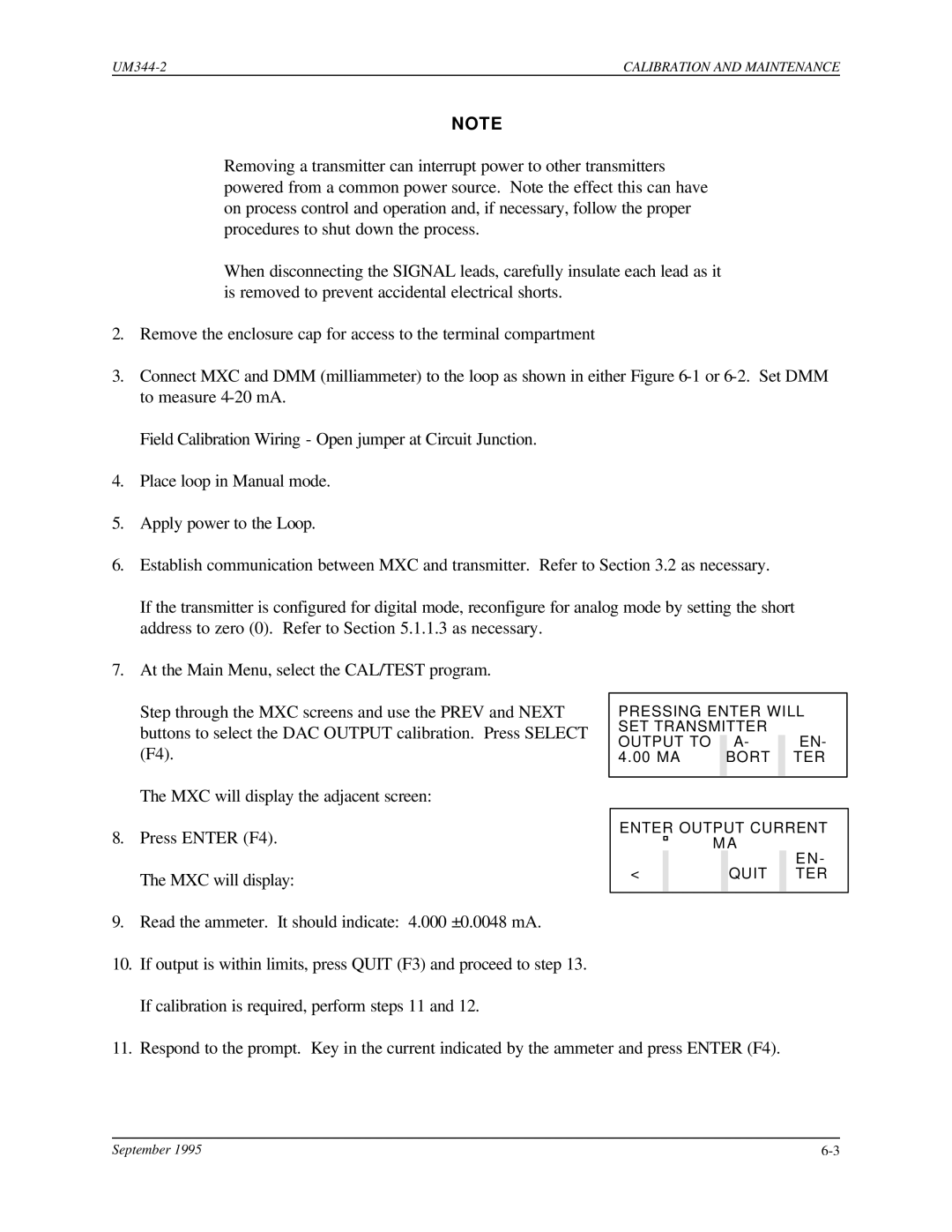 Siemens UM344-2 user manual Pressing Enter will SET Transmitter Output to 