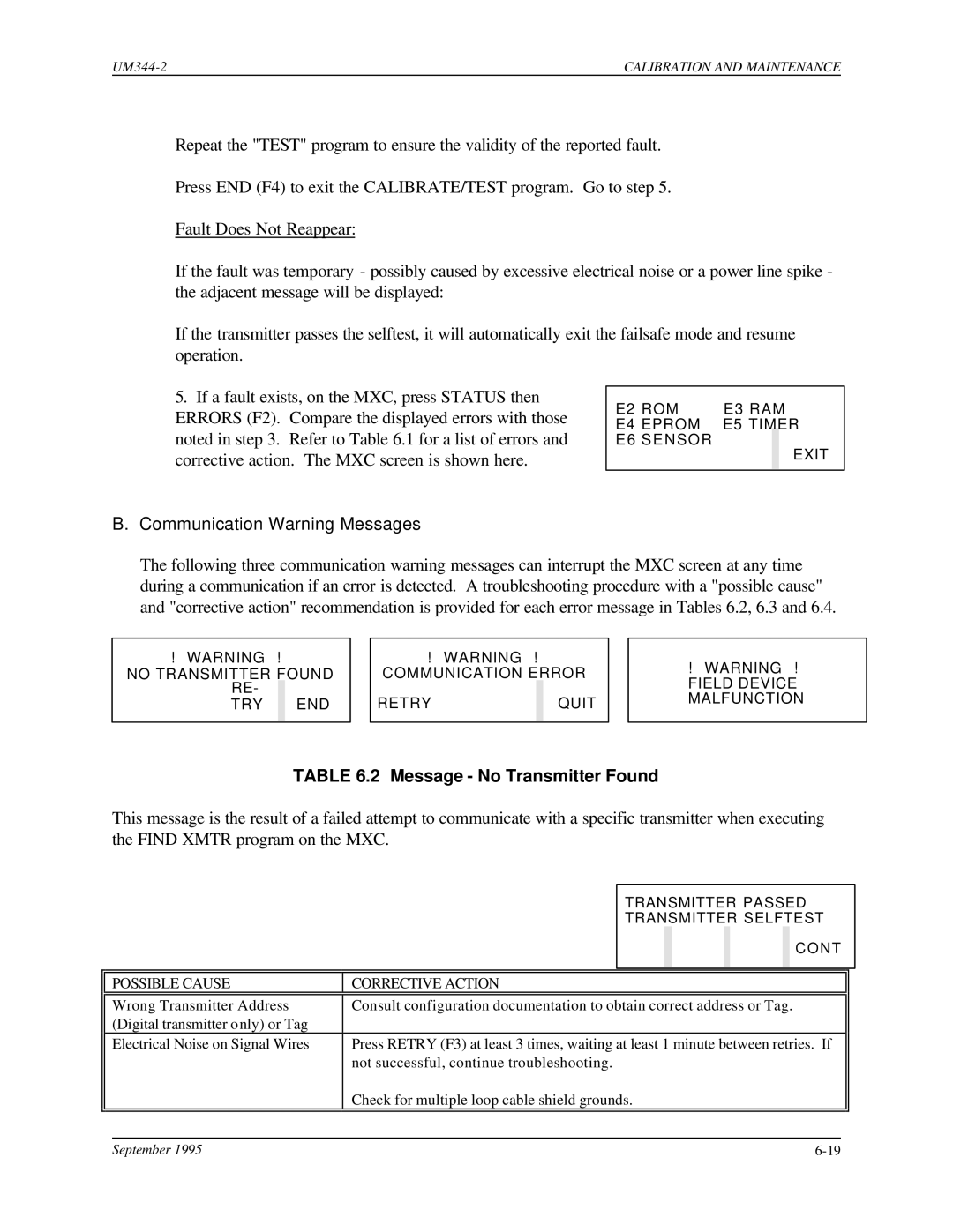 Siemens UM344-2 user manual Communication Warning Messages, Message No Transmitter Found 