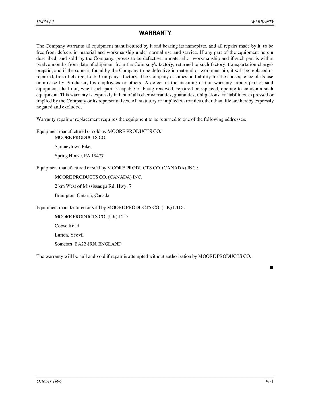 Siemens UM344-2 user manual Warranty, Moore Products CO 