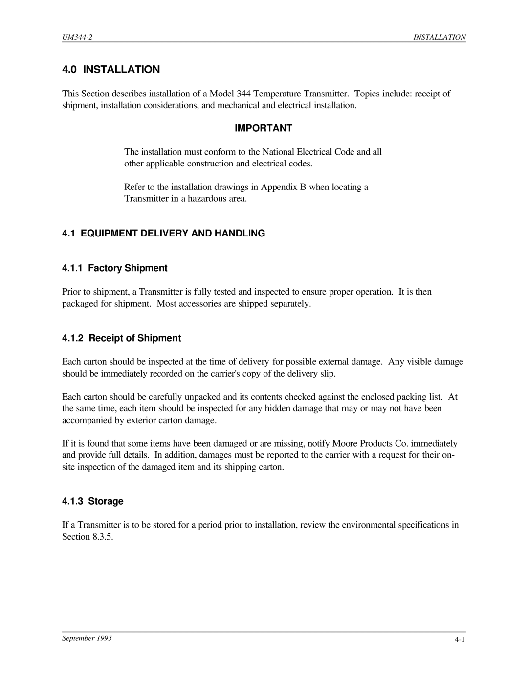 Siemens UM344-2 user manual Installation, Equipment Delivery and Handling, Factory Shipment, Receipt of Shipment, Storage 