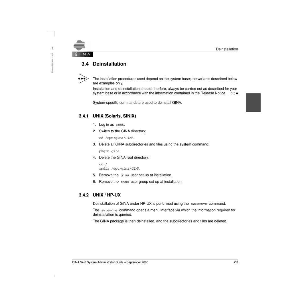 Siemens V 4.0 manual Deinstallation, Unix Solaris, Sinix 