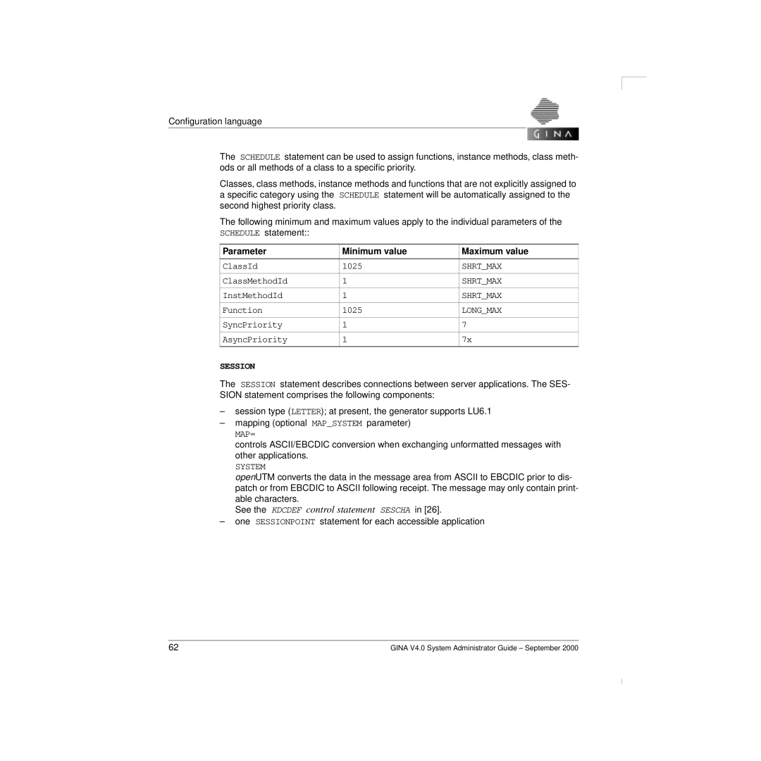 Siemens V 4.0 manual Parameter Minimum value Maximum value, Shrtmax, Longmax, Session 