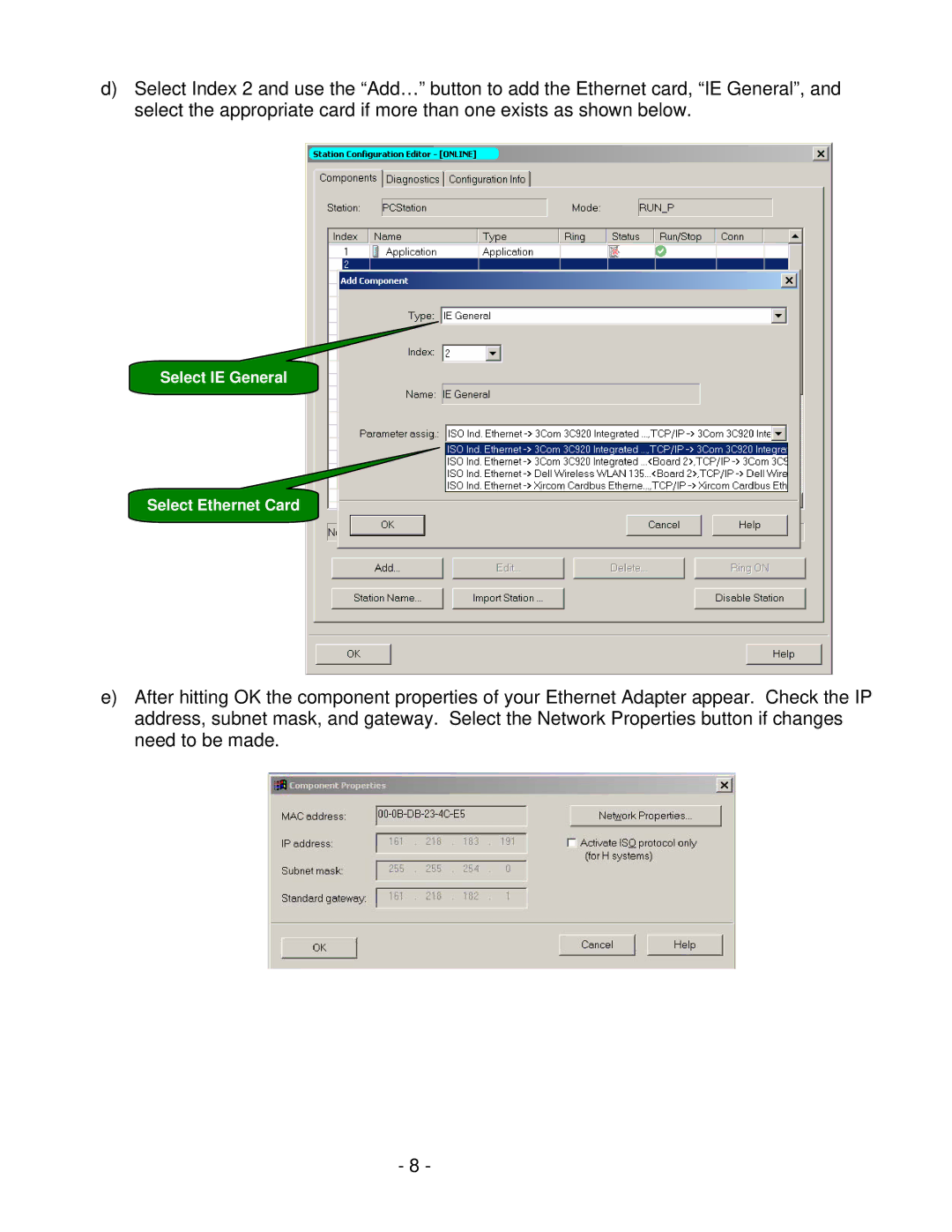 Siemens V1.0 user manual Select IE General Select Ethernet Card 