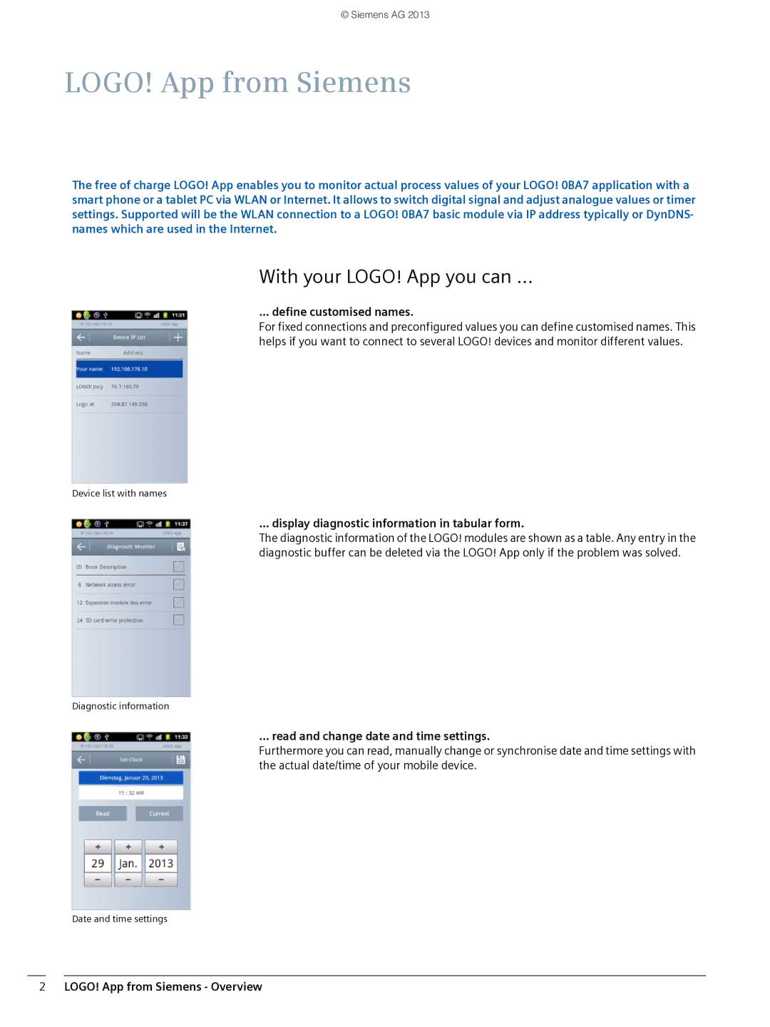 Siemens V1.0.0 manual With your LOGO! App you can, Define customised names, Display diagnostic information in tabular form 