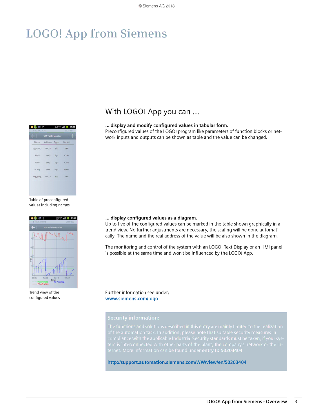 Siemens V1.0.0 manual With LOGO! App you can, Security information, Display and modify configured values in tabular form 