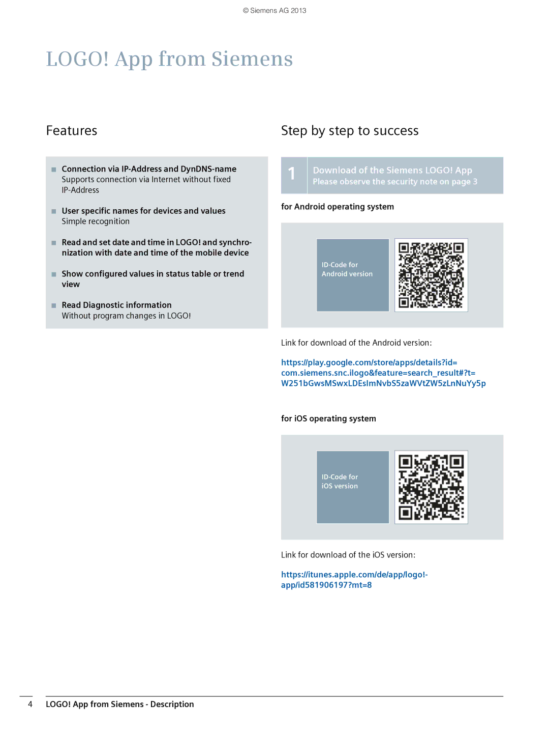 Siemens V1.0.0 manual Features, Step by step to success, Download of the Siemens LOGO! App 