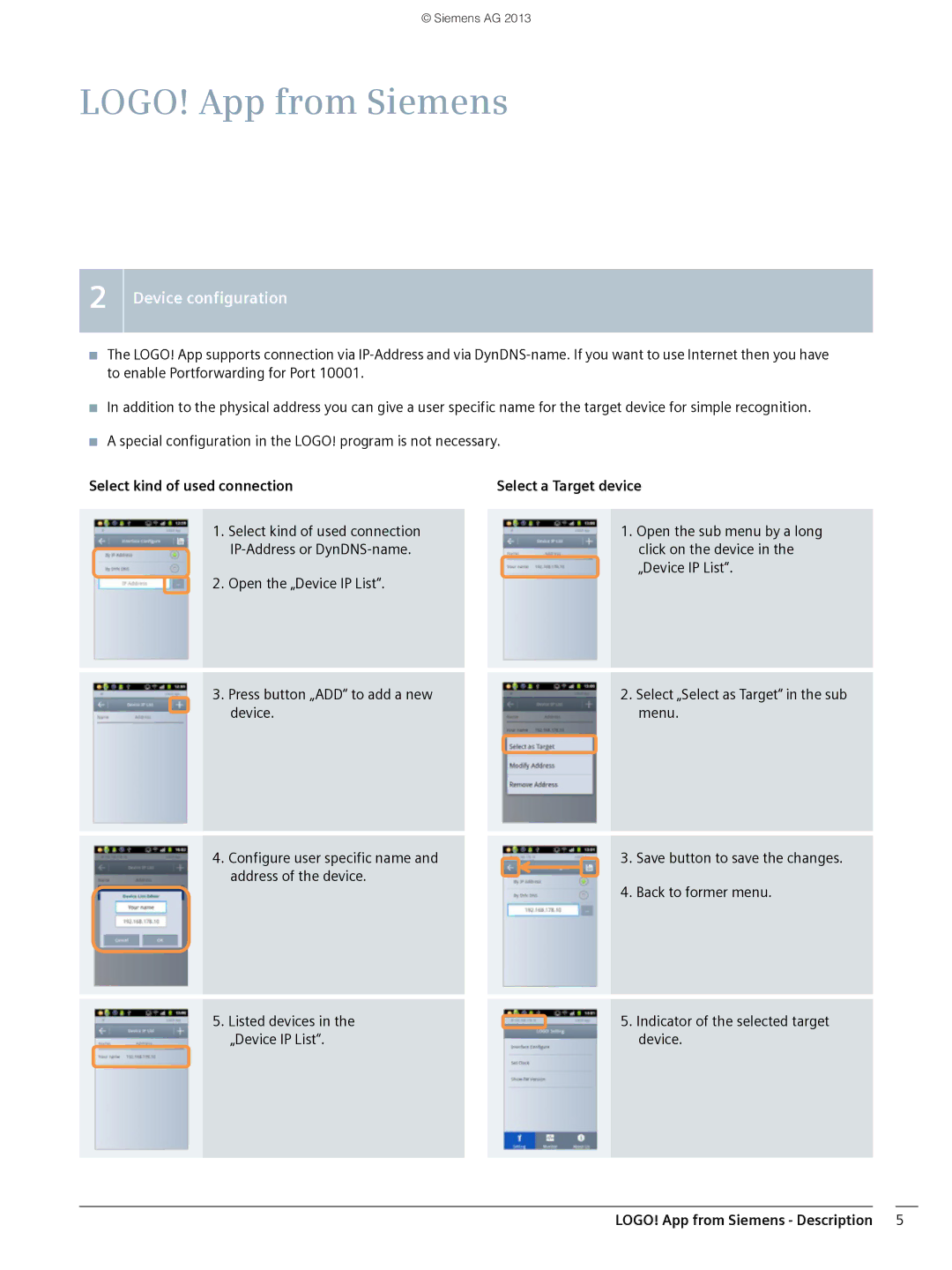 Siemens V1.0.0 manual Device configuration, Select kind of used connection Select a Target device 