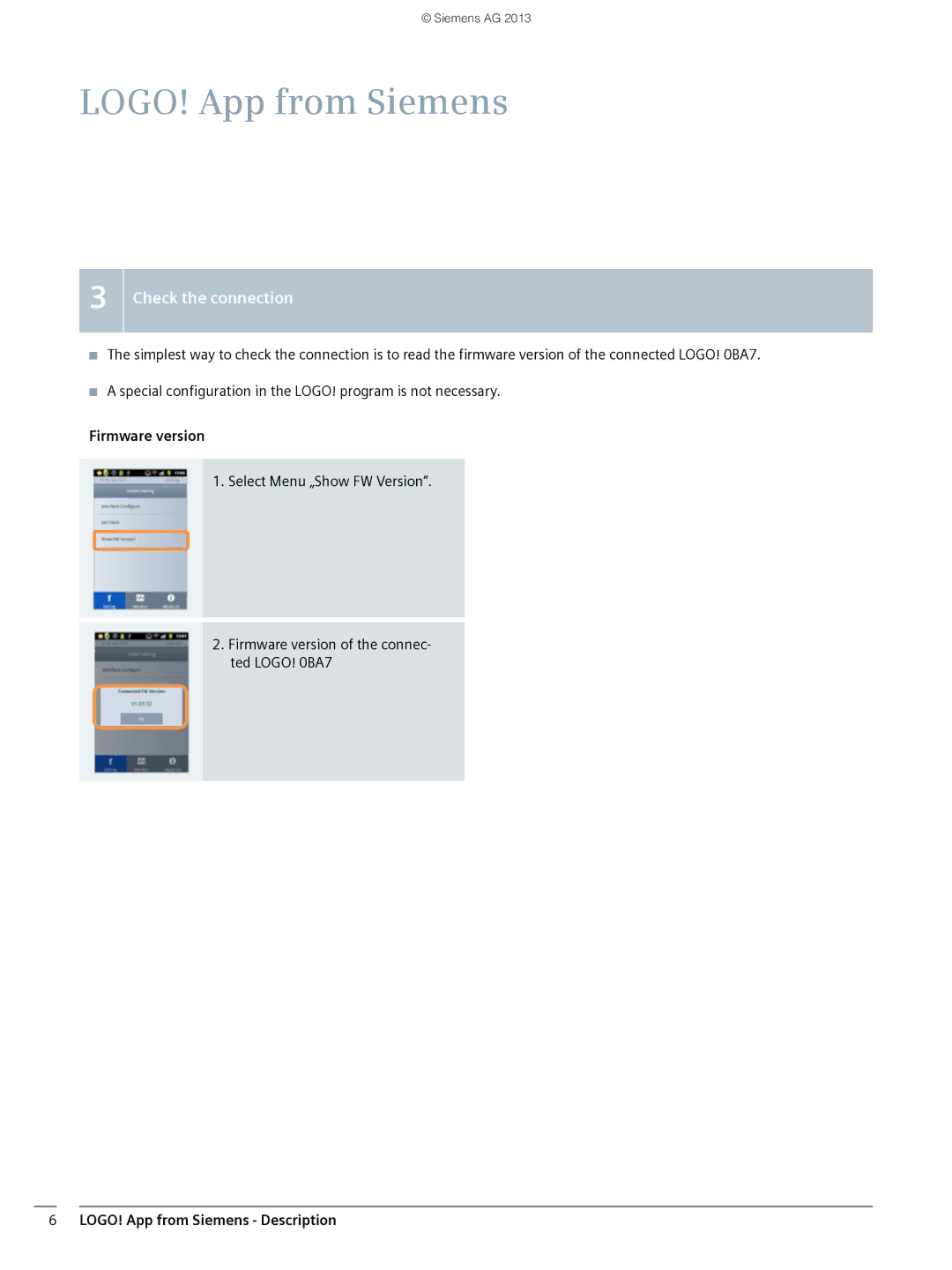 Siemens V1.0.0 manual Check the connection, Firmware version 