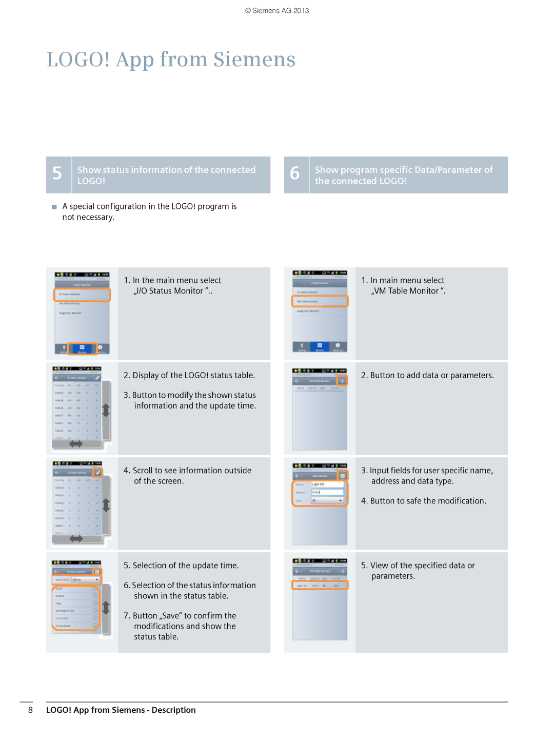 Siemens V1.0.0 manual Show status information of the connected, Show program specific Data/Parameter, Connected Logo 