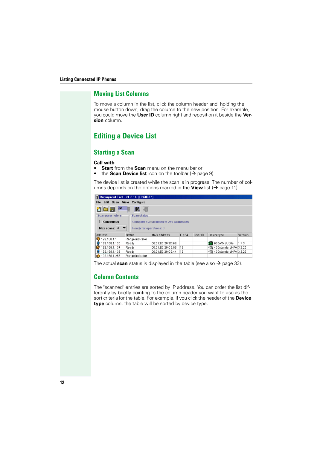 Siemens V1.2.33 manual Editing a Device List, Moving List Columns, Starting a Scan, Column Contents 