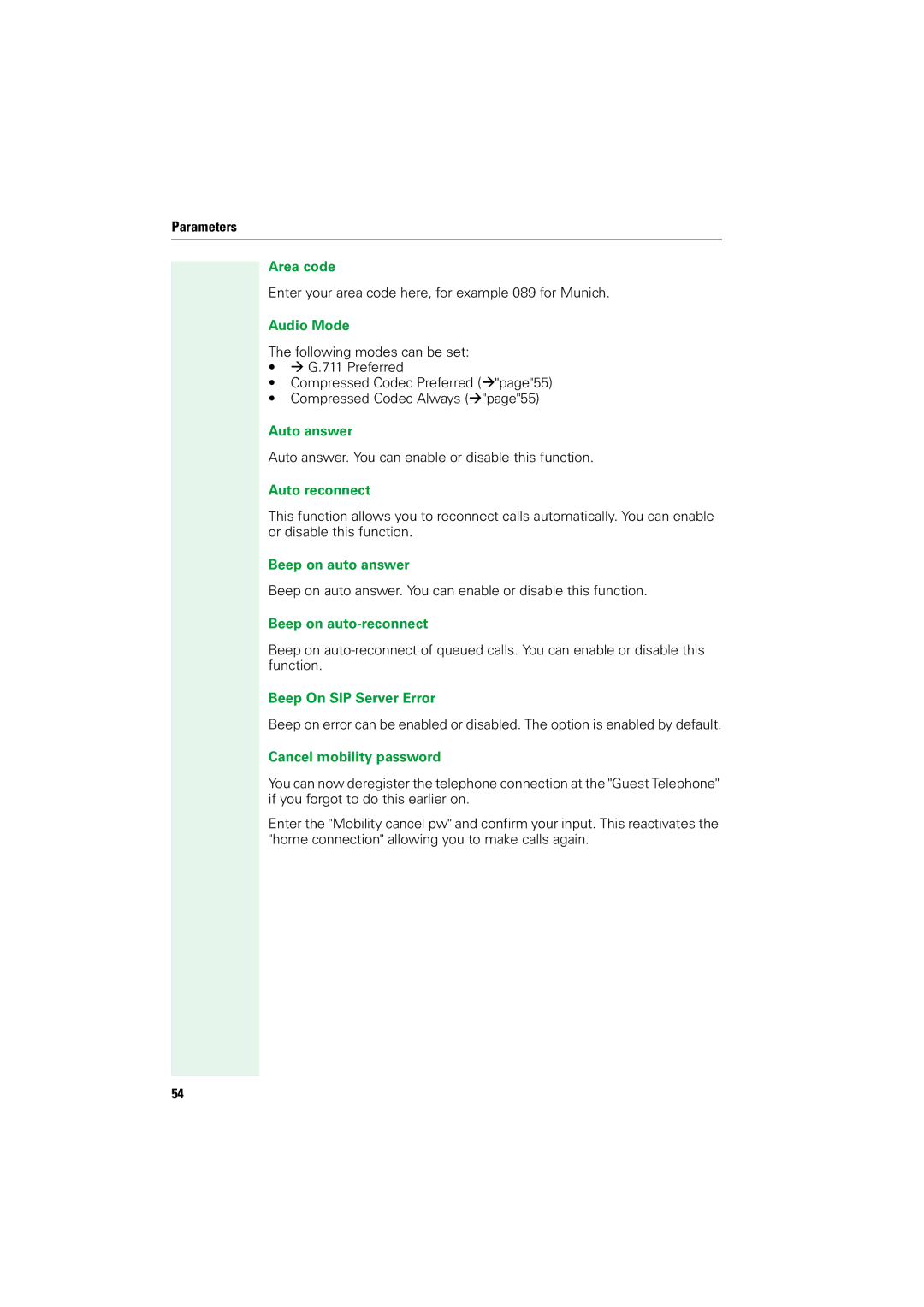 Siemens V1.2.33 manual Area code, Audio Mode, Auto answer, Auto reconnect, Beep on auto answer, Beep on auto-reconnect 