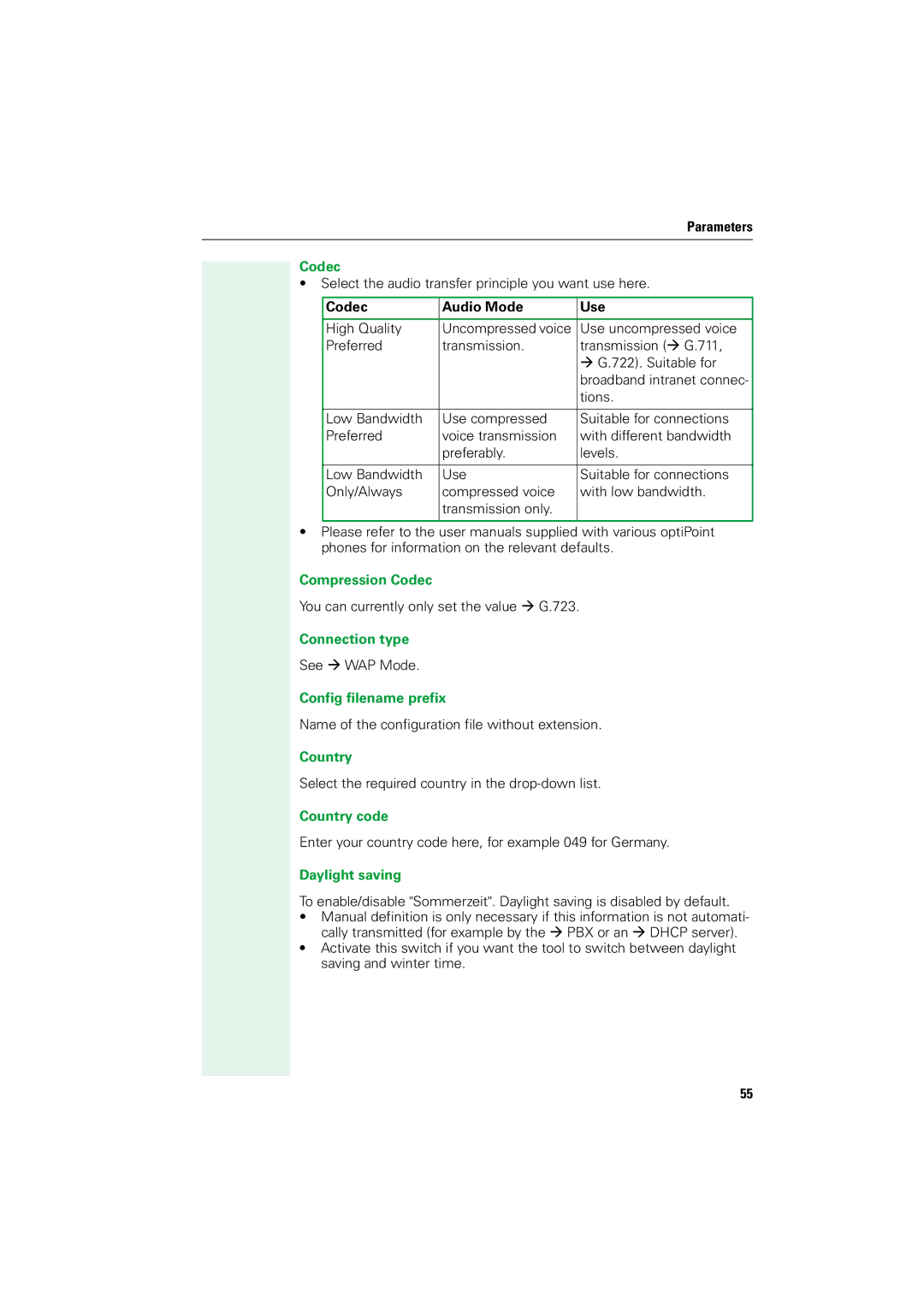 Siemens V1.2.33 manual Compression Codec, Connection type, Config filename prefix, Country code, Daylight saving 