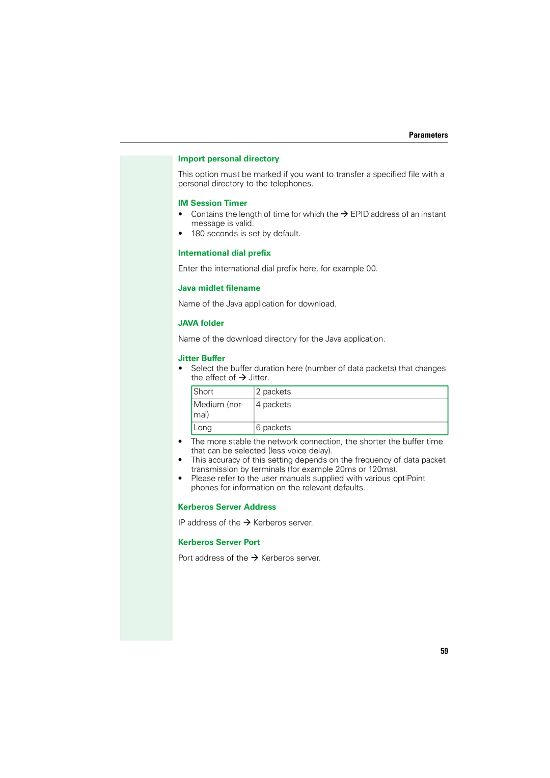 Siemens V1.2.33 Import personal directory, IM Session Timer, International dial prefix, Java midlet filename, Java folder 