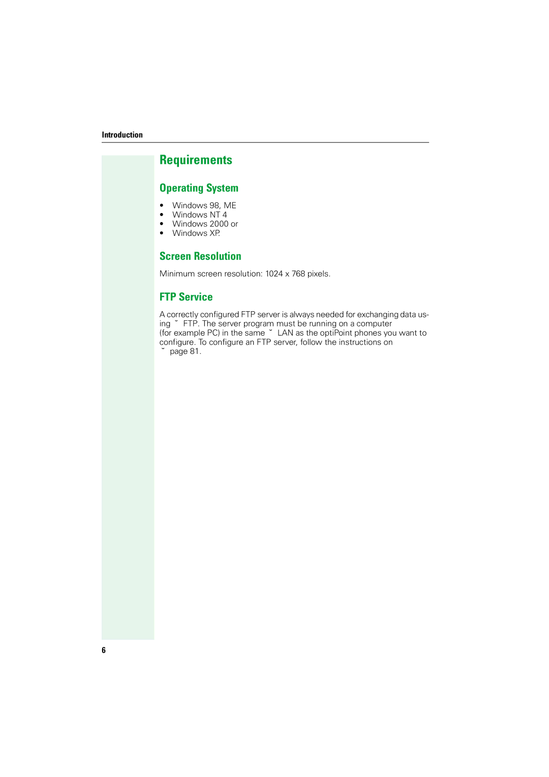 Siemens V1.2.33 manual Requirements, Operating System, Screen Resolution, FTP Service 