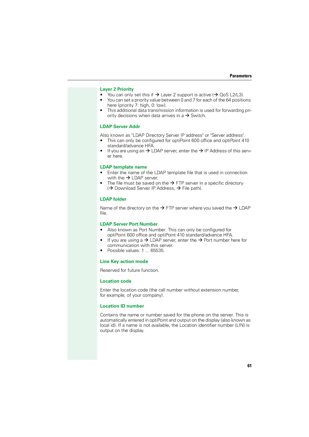 Siemens V1.2.33 manual Layer 2 Priority, Ldap Server Addr, Ldap template name, Ldap folder, Ldap Server Port Number 