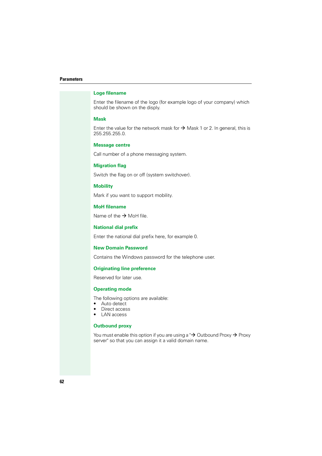 Siemens V1.2.33 manual Loge filename, Mask, Message centre, Migration flag, Mobility, MoH filename, National dial prefix 