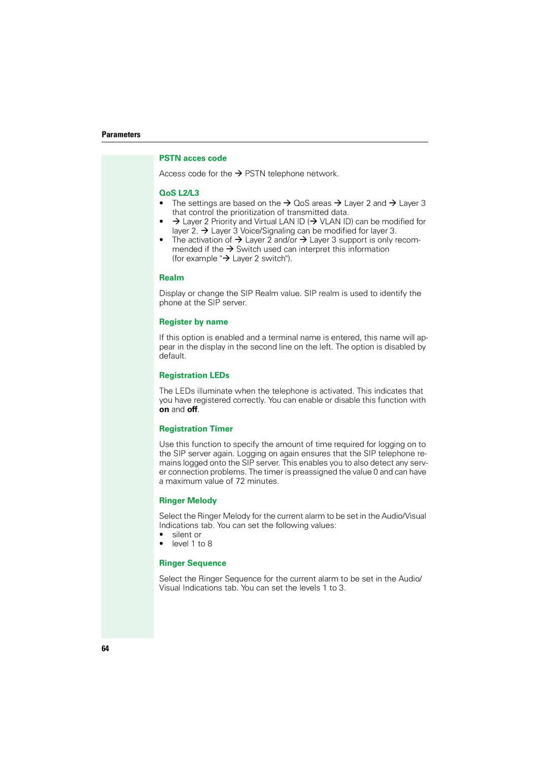 Siemens V1.2.33 Pstn acces code, QoS L2/L3, Realm, Register by name, Registration LEDs, Registration Timer, Ringer Melody 