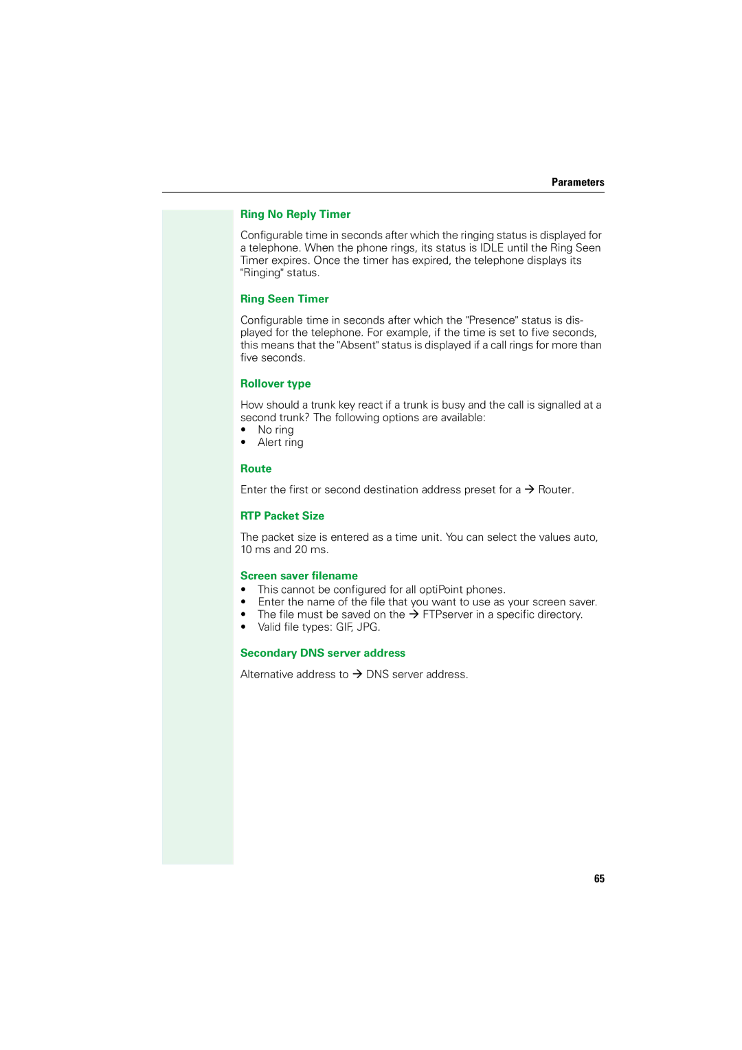 Siemens V1.2.33 manual Ring No Reply Timer, Ring Seen Timer, Rollover type, Route, RTP Packet Size, Screen saver filename 