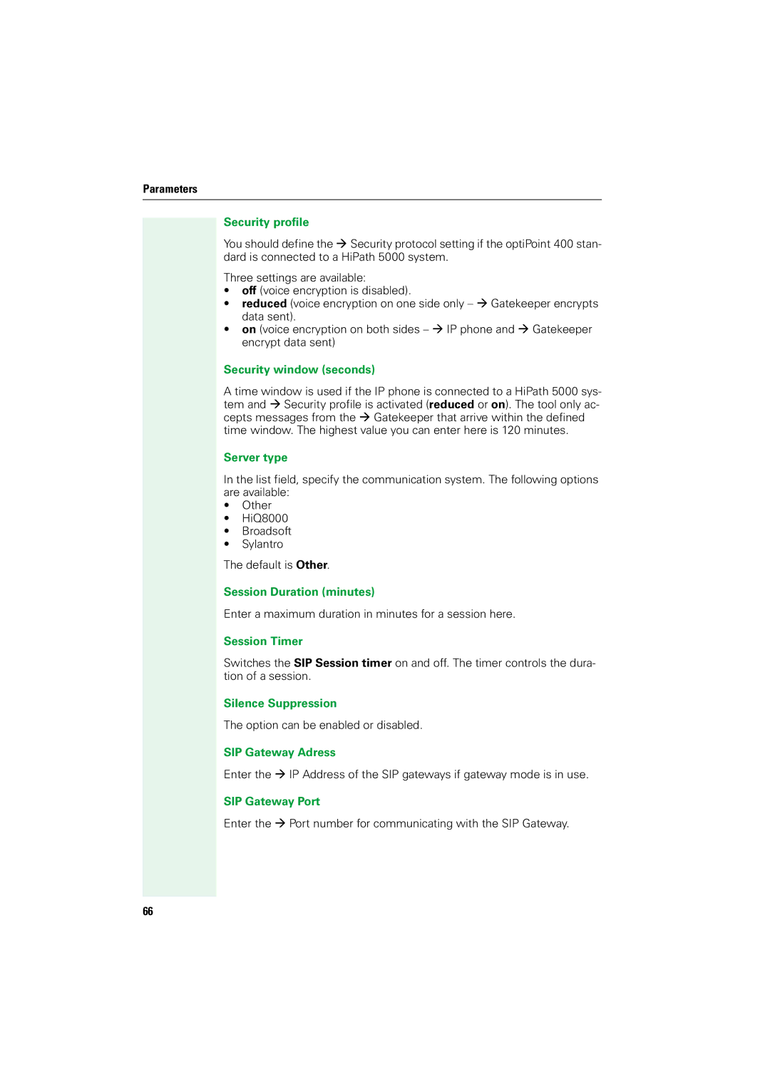 Siemens V1.2.33 manual Security profile, Security window seconds, Server type, Session Duration minutes, Session Timer 