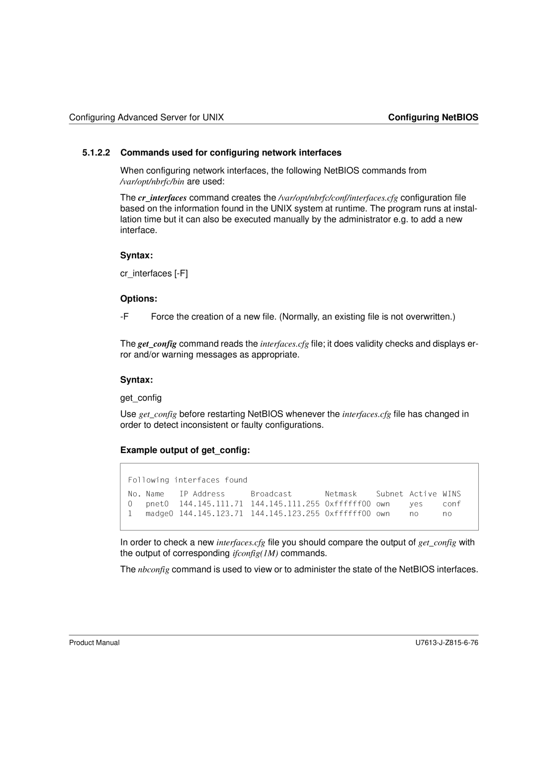 Siemens V4.0 Commands used for configuring network interfaces, Options, Syntax getconfig, Example output of getconfig 