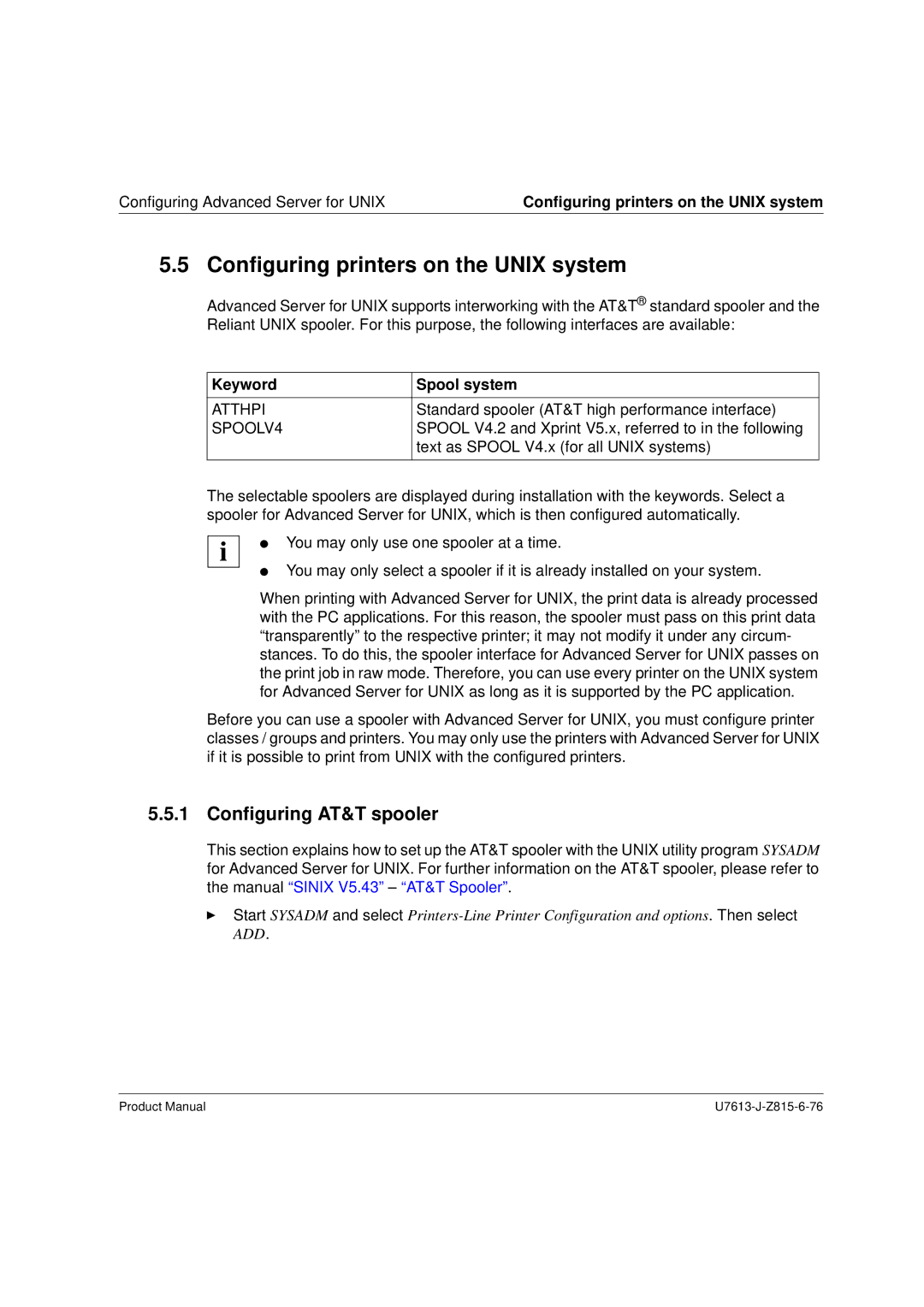 Siemens V4.0 manual Configuring printers on the Unix system, Configuring AT&T spooler, Keyword Spool system 