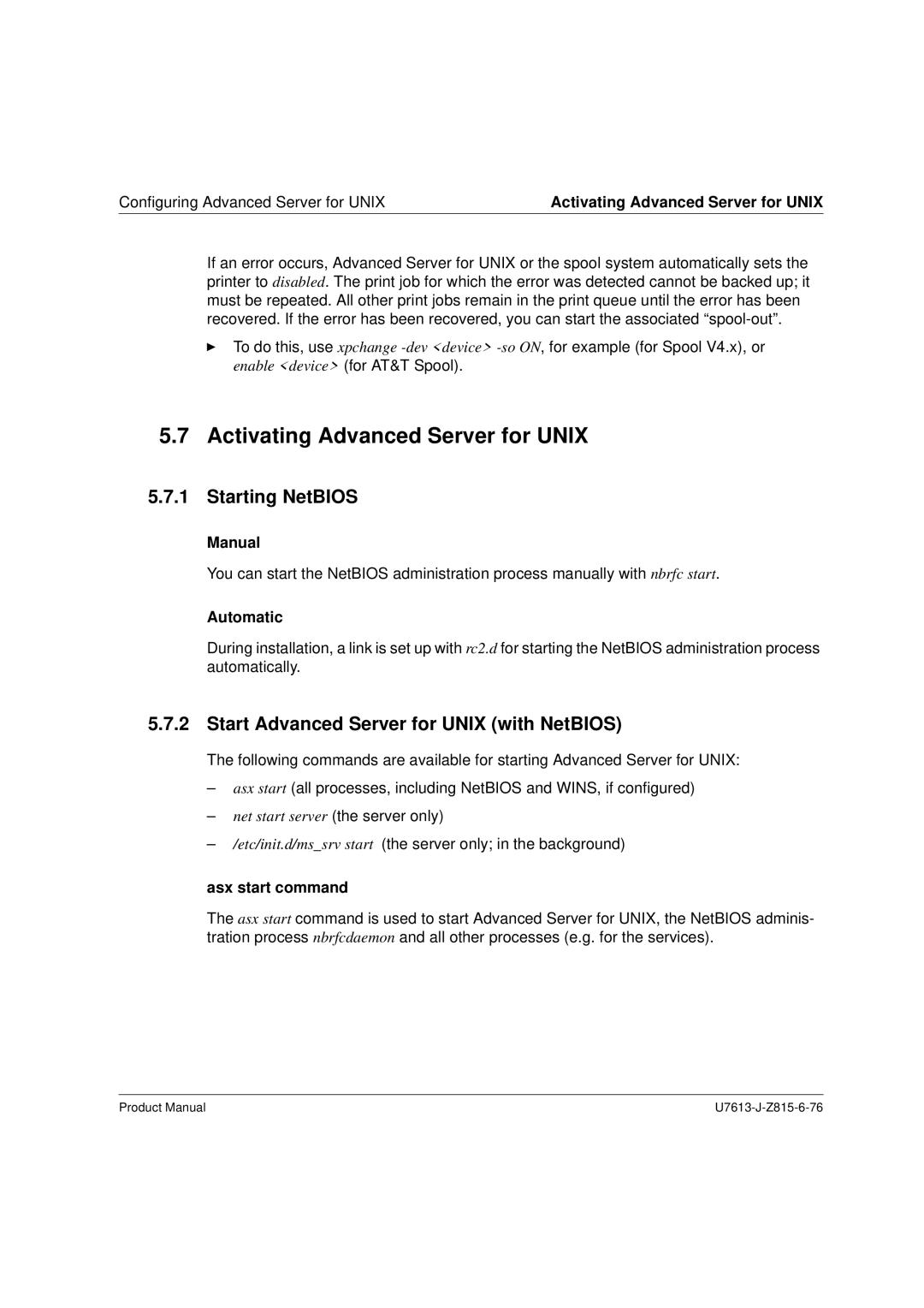 Siemens V4.0 manual Activating Advanced Server for Unix, Starting NetBIOS, Start Advanced Server for Unix with NetBIOS 