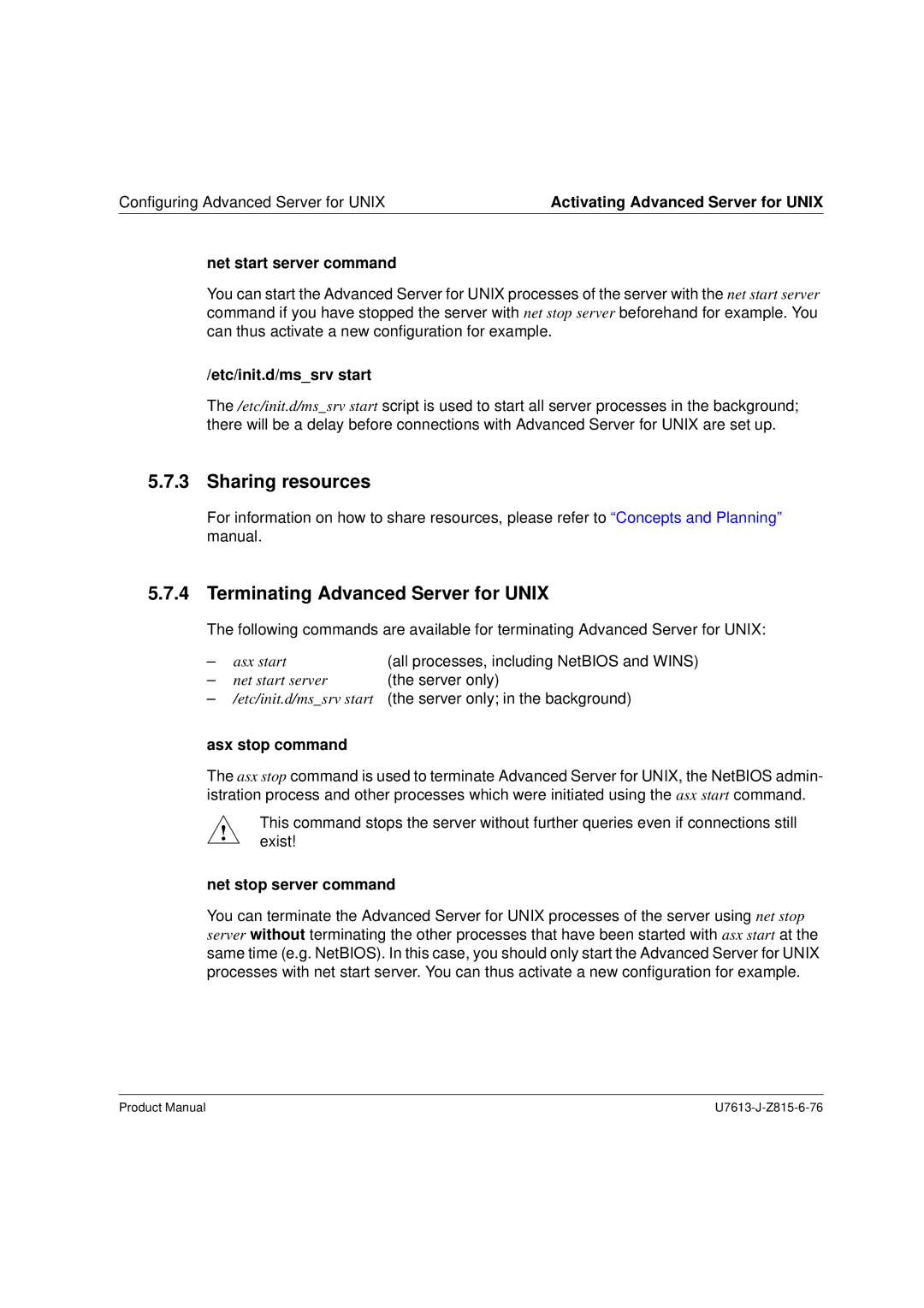 Siemens V4.0 manual Sharing resources, Terminating Advanced Server for Unix 