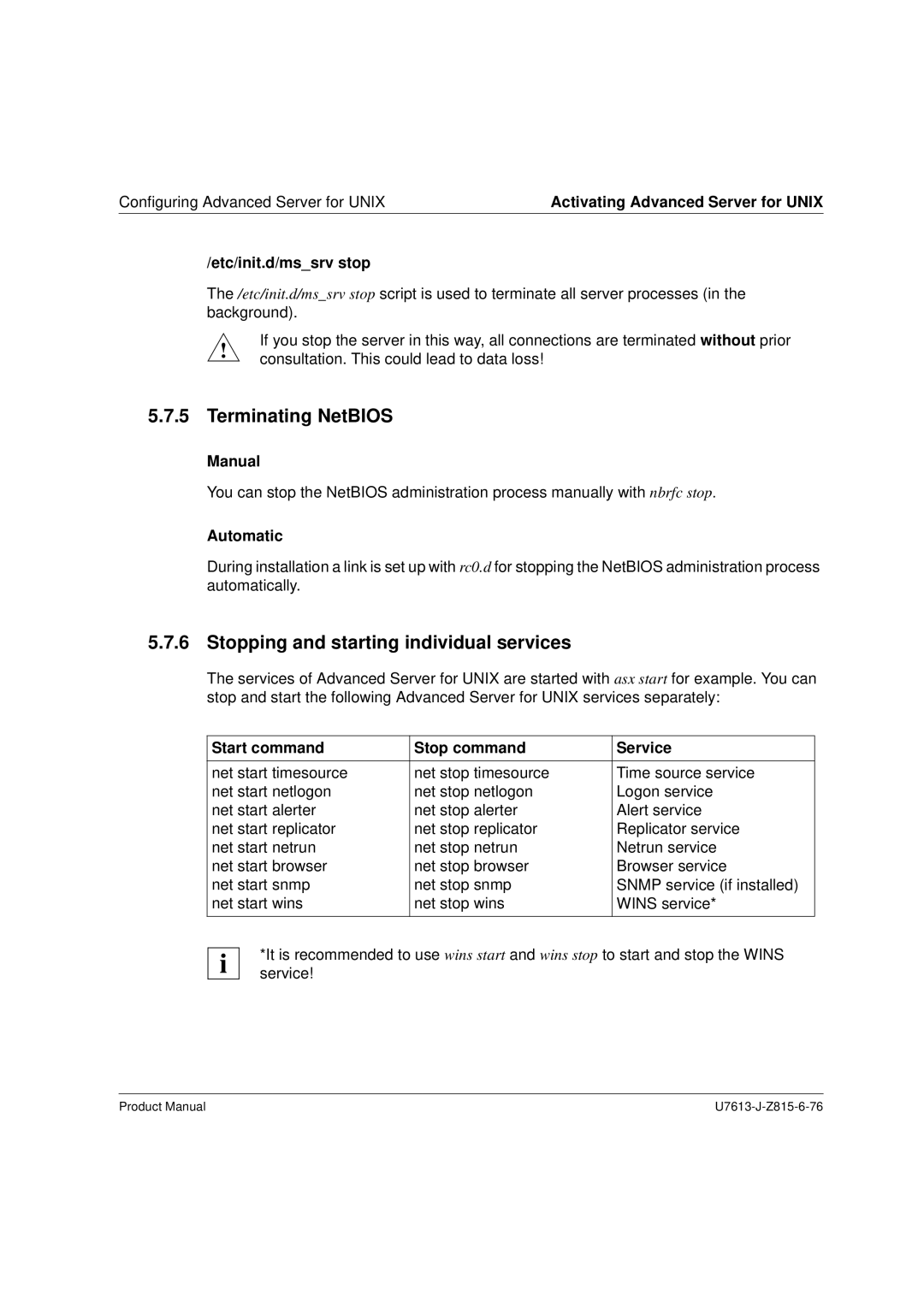 Siemens V4.0 manual Terminating NetBIOS, Stopping and starting individual services, Etc/init.d/mssrv stop 