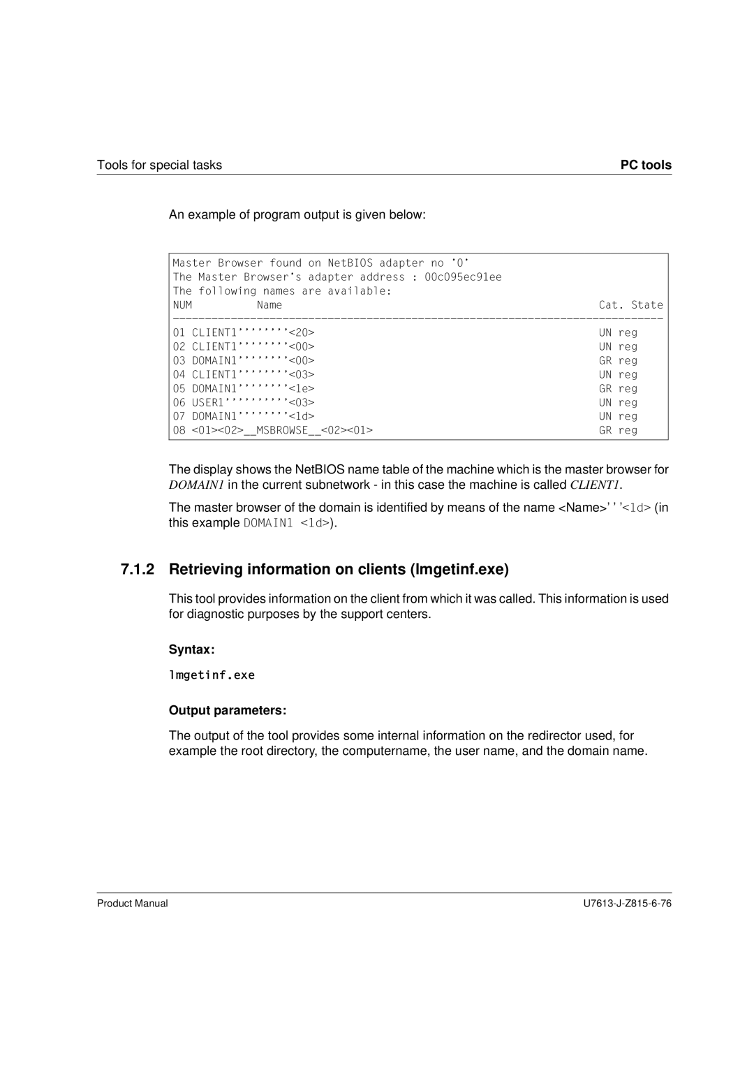 Siemens V4.0 manual Retrieving information on clients lmgetinf.exe, PC tools, Syntax Output parameters 