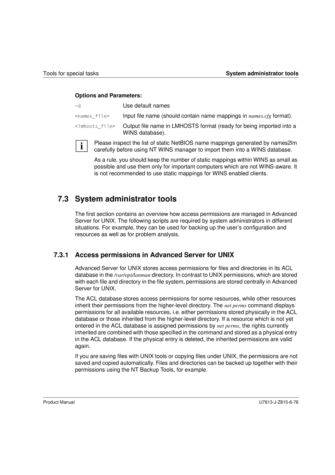 Siemens V4.0 manual System administrator tools, Access permissions in Advanced Server for Unix, Options and Parameters 