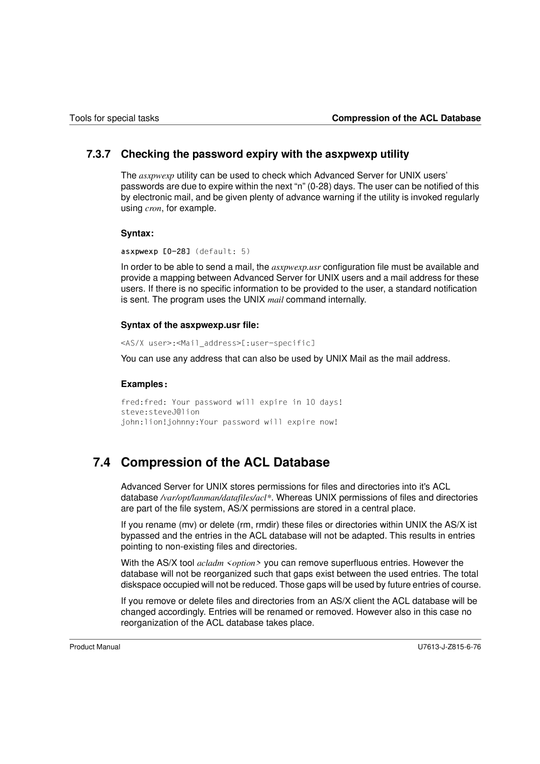 Siemens V4.0 manual Compression of the ACL Database, Checking the password expiry with the asxpwexp utility, ExamplesI 