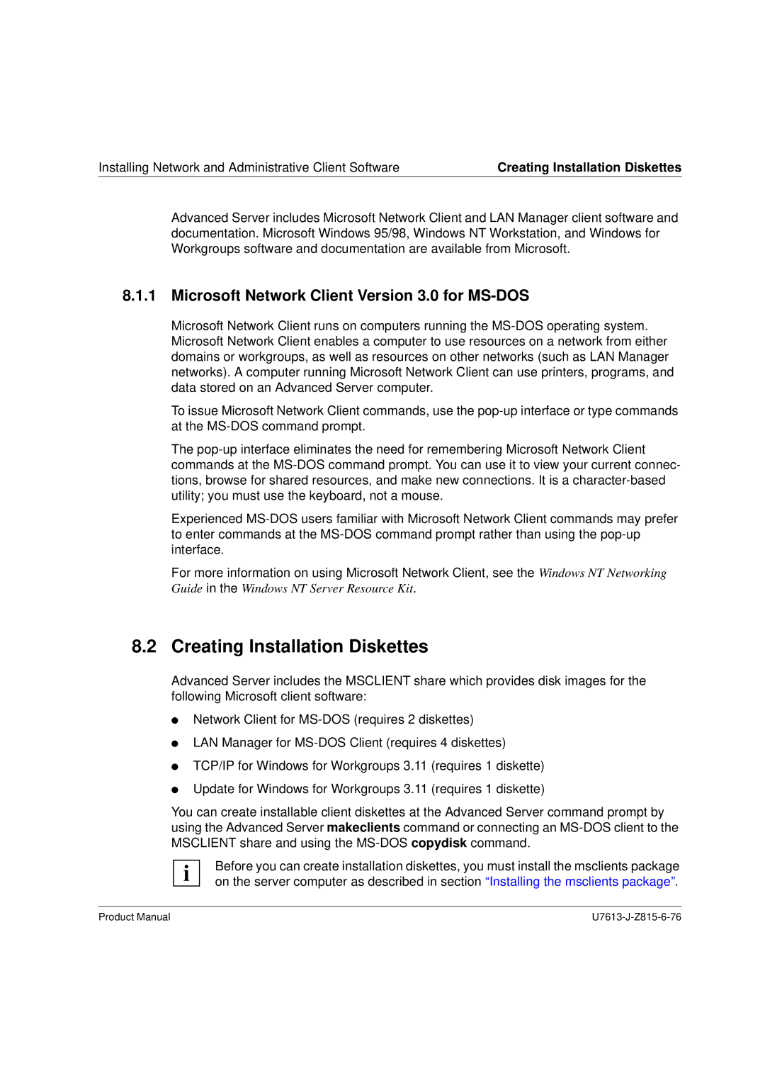 Siemens V4.0 manual Creating Installation Diskettes, Microsoft Network Client Version 3.0 for MS-DOS 