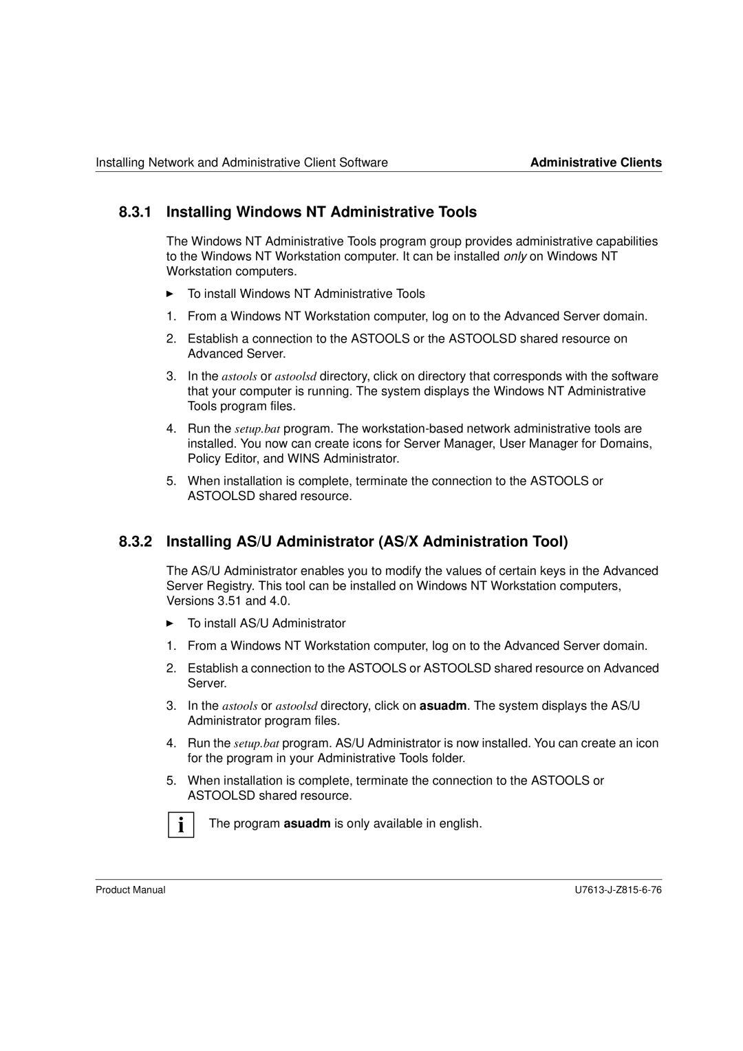 Siemens V4.0 manual Installing Windows NT Administrative Tools, Installing AS/U Administrator AS/X Administration Tool 