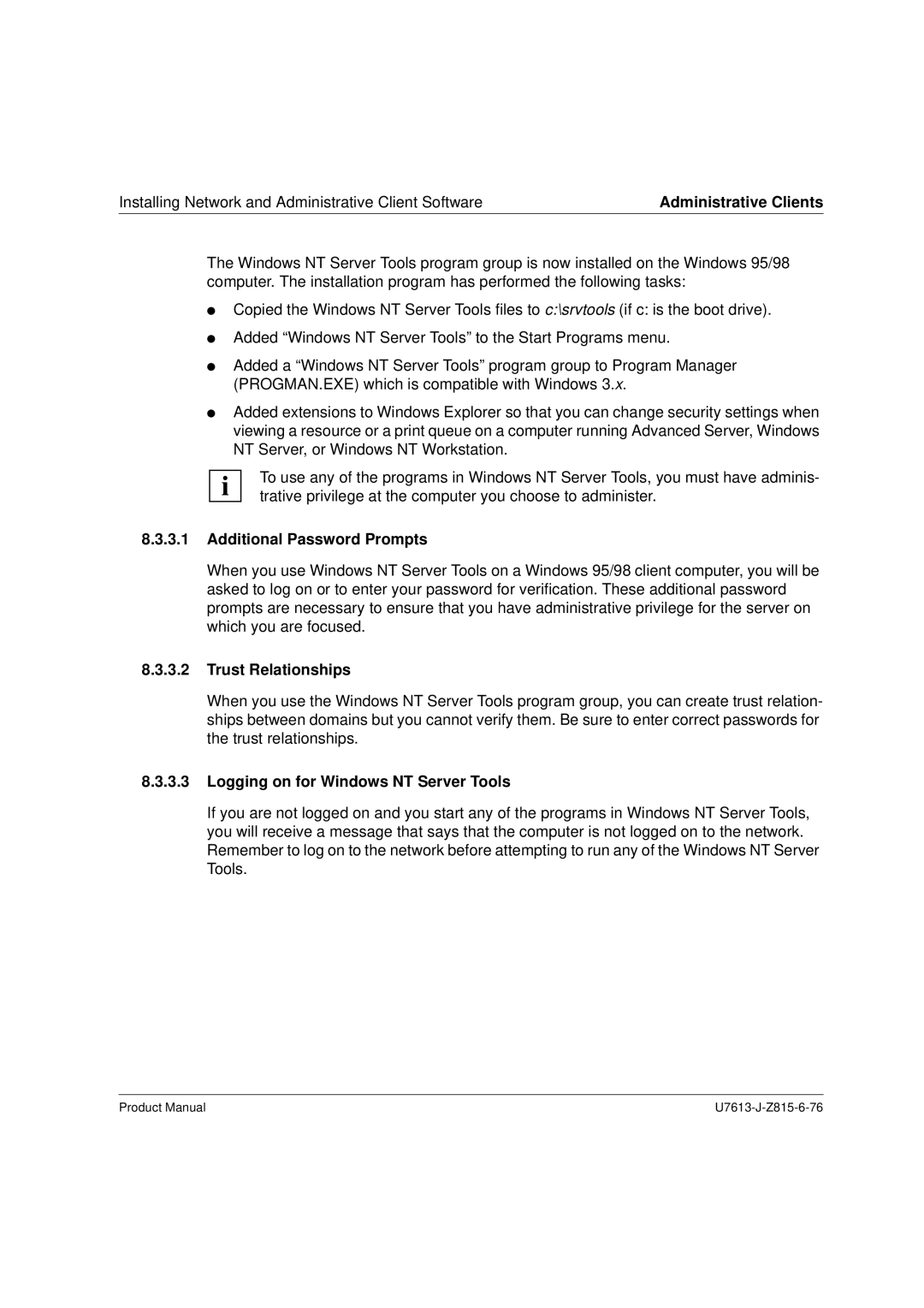 Siemens V4.0 manual Additional Password Prompts, Trust Relationships, Logging on for Windows NT Server Tools 