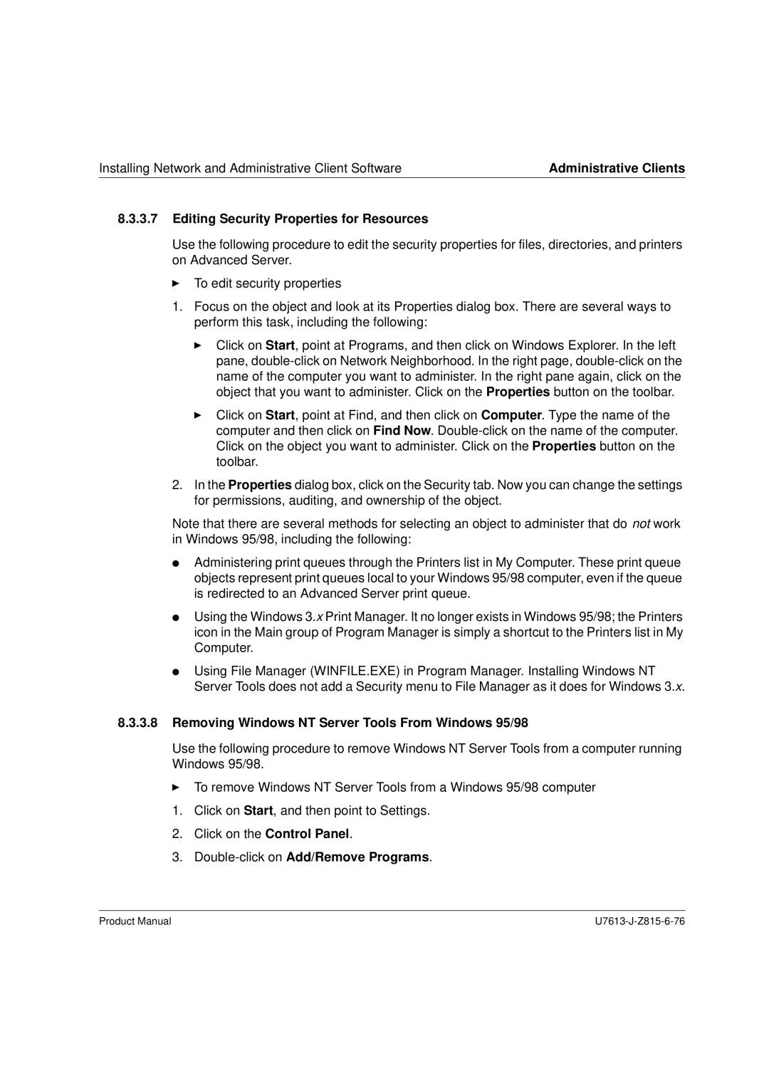 Siemens V4.0 manual Editing Security Properties for Resources, Removing Windows NT Server Tools From Windows 95/98 