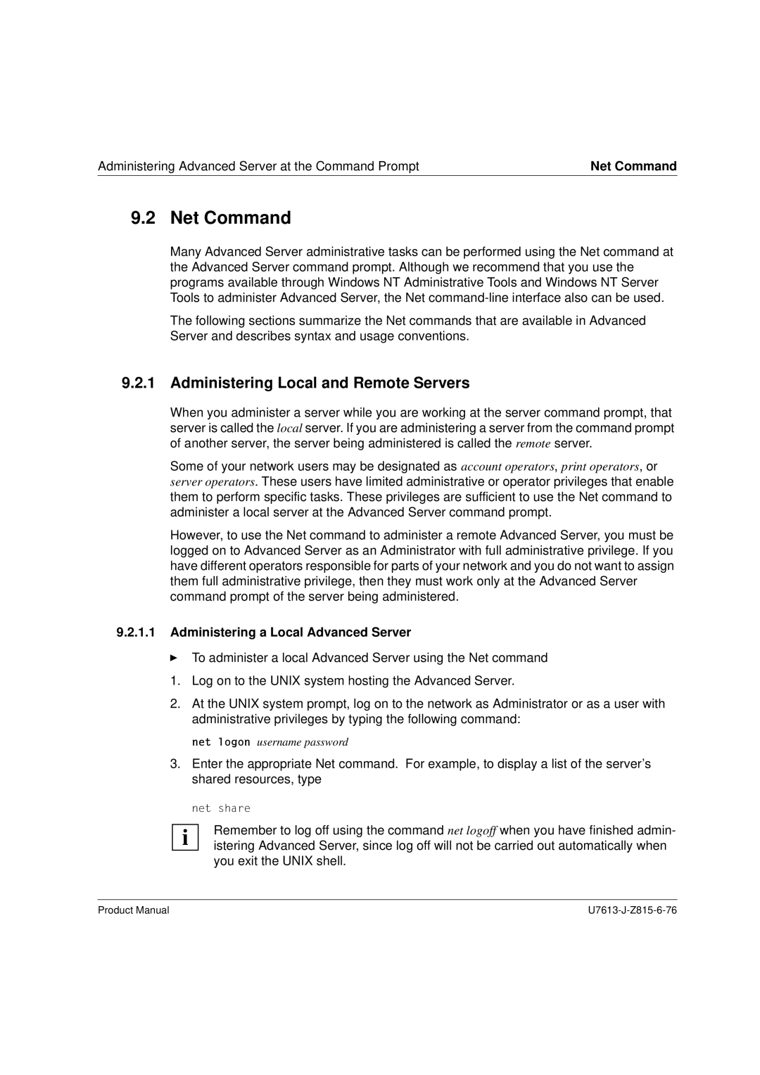 Siemens V4.0 manual Net Command, Administering Local and Remote Servers, Administering a Local Advanced Server 