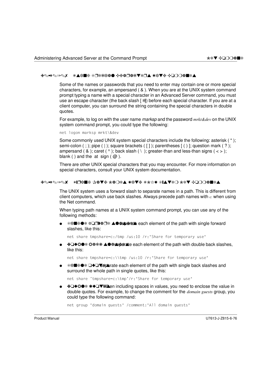 Siemens V4.0 manual Using Special Characters With Commands, Typing Path Names With Unix System Net Commands 