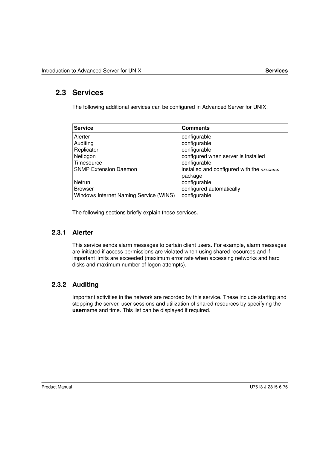 Siemens V4.0 manual Services, Alerter, Auditing, Service Comments 