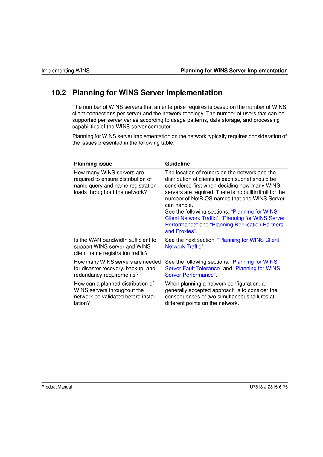 Siemens V4.0 manual Planning for Wins Server Implementation, Implementing Wins, Planning issue 