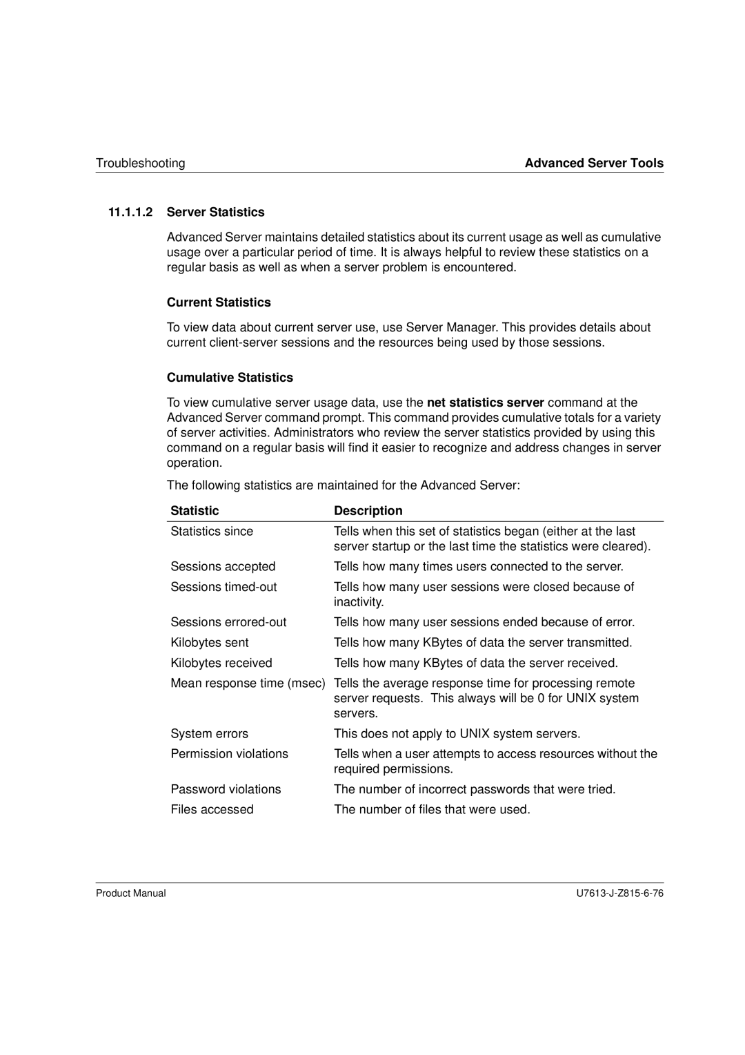 Siemens V4.0 manual Server Statistics, Current Statistics, Cumulative Statistics, Statistic Description 