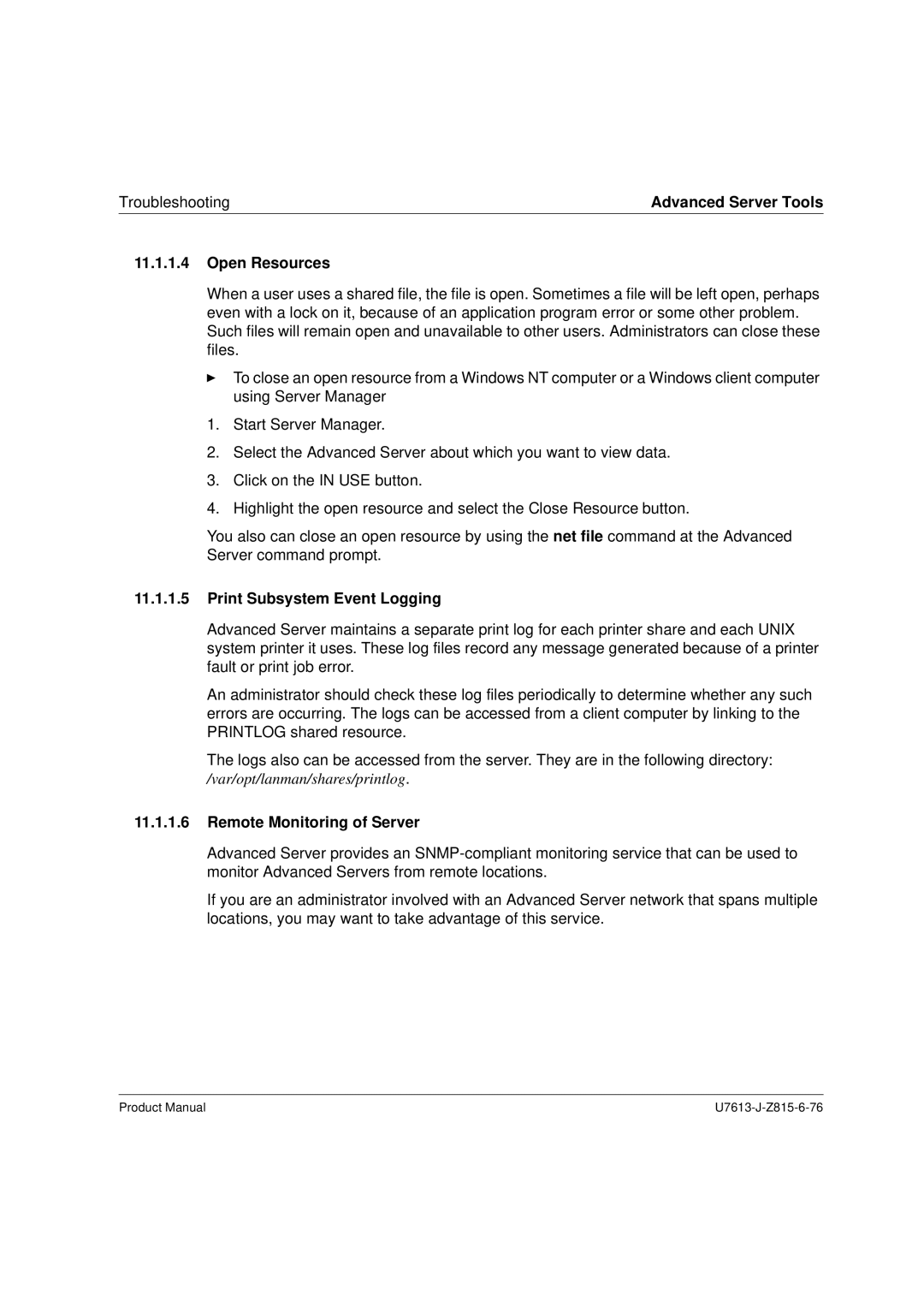 Siemens V4.0 manual Open Resources, Print Subsystem Event Logging, Remote Monitoring of Server 