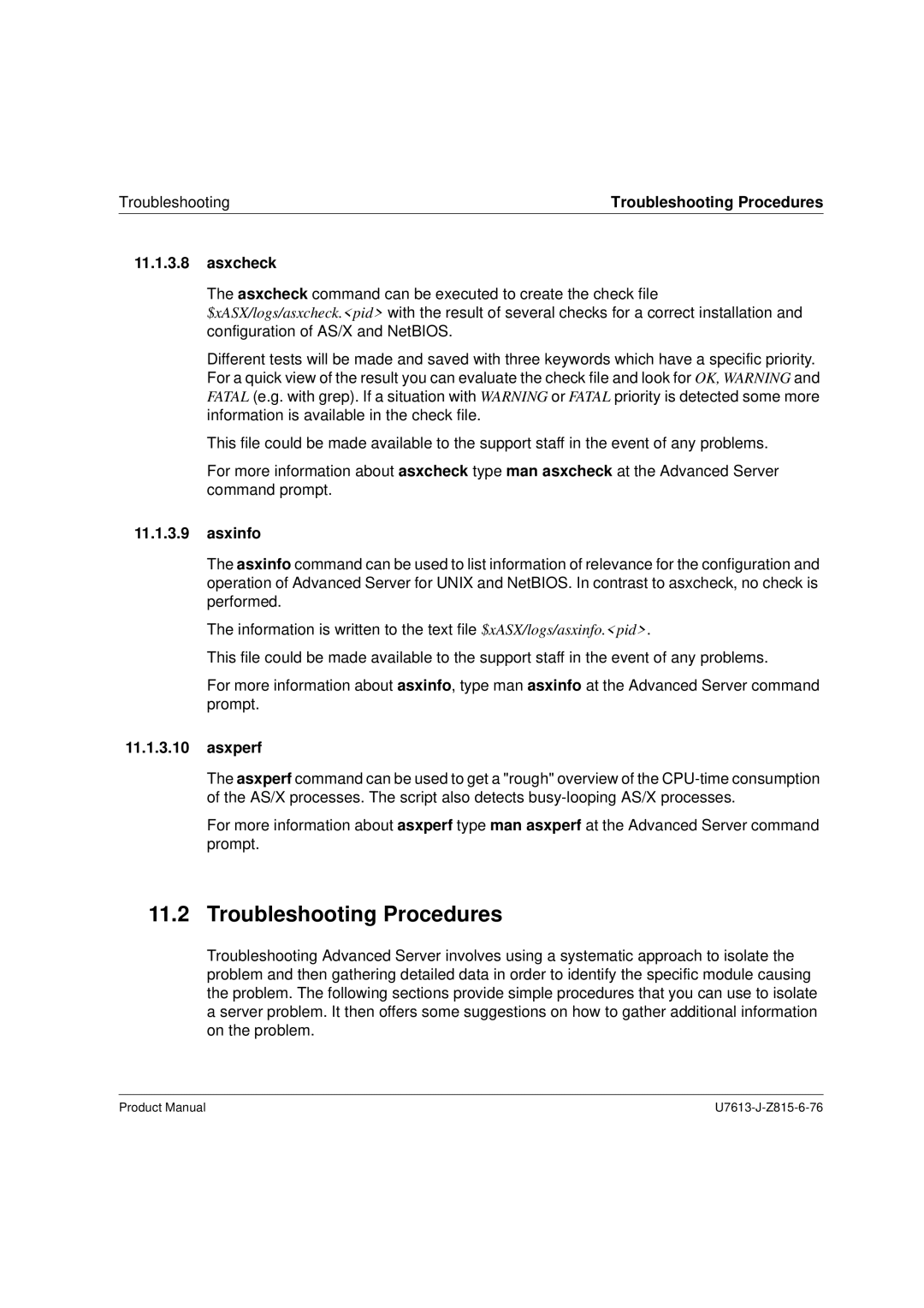 Siemens V4.0 manual Troubleshooting Procedures, Asxcheck, Asxinfo, Asxperf 