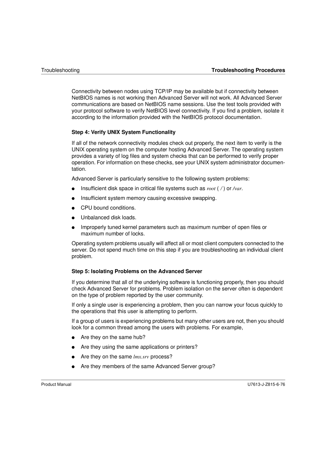 Siemens V4.0 manual Verify Unix System Functionality, Isolating Problems on the Advanced Server 