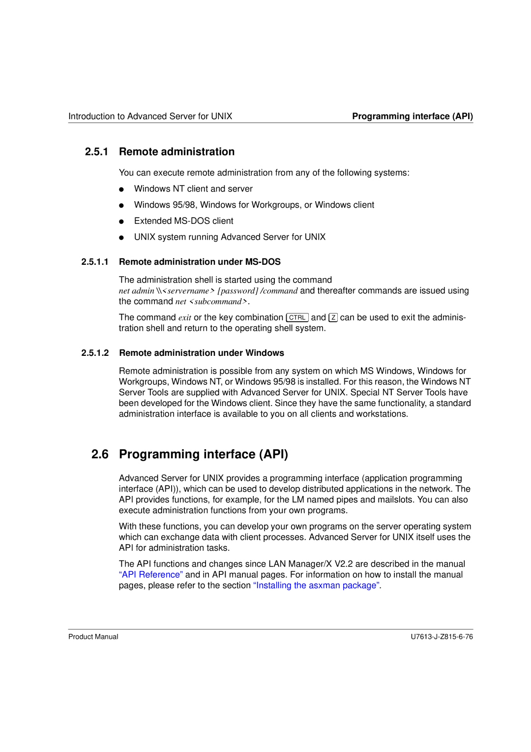 Siemens V4.0 manual Programming interface API, Remote administration under MS-DOS, Remote administration under Windows 