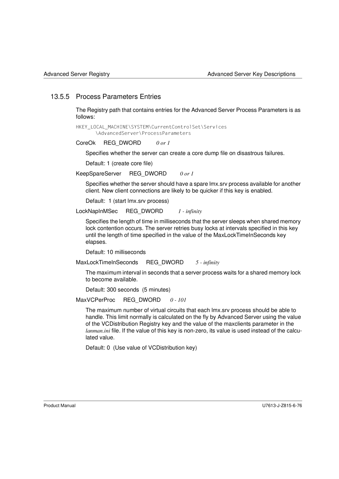 Siemens V4.0 manual Process Parameters Entries, KeepSpareServer Regdword 0 or, LockNapInMSec Regdword 1 infinity 